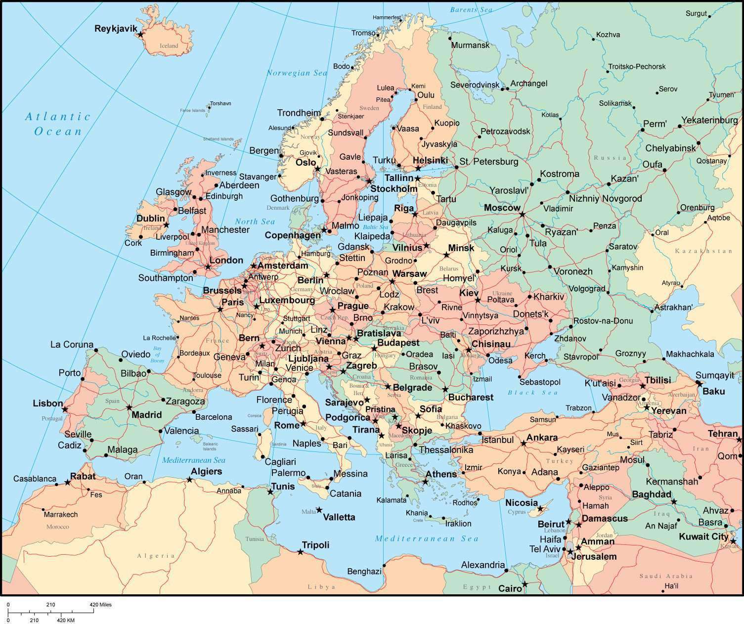 tourist map of european countries with names