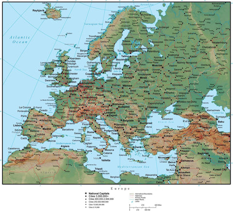 Europe Continent Map - Illustrator vector with 300 dpi PSD terrain