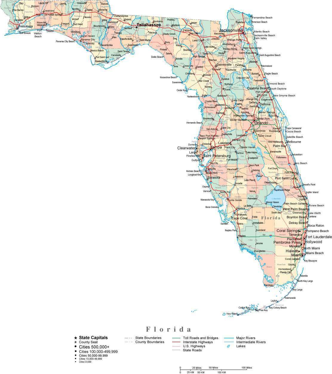 Florida State Map Multi Color Cut Out Style With Counties Cities County Seats Major Roads Rivers And Lakes