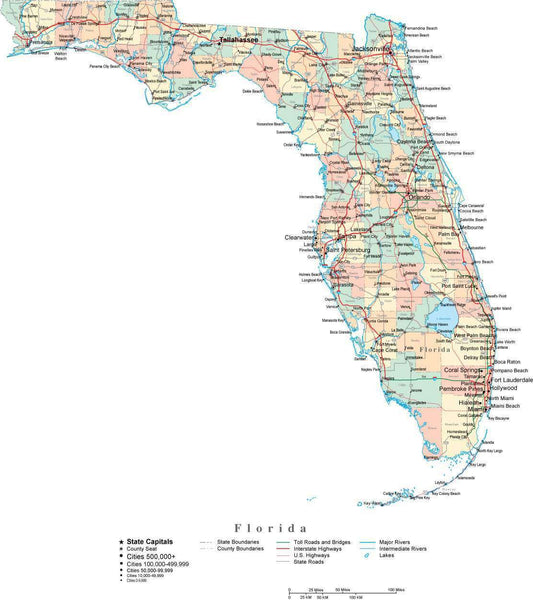 Florida Digital Vector Map with Counties, Major Cities, Roads, Rivers ...