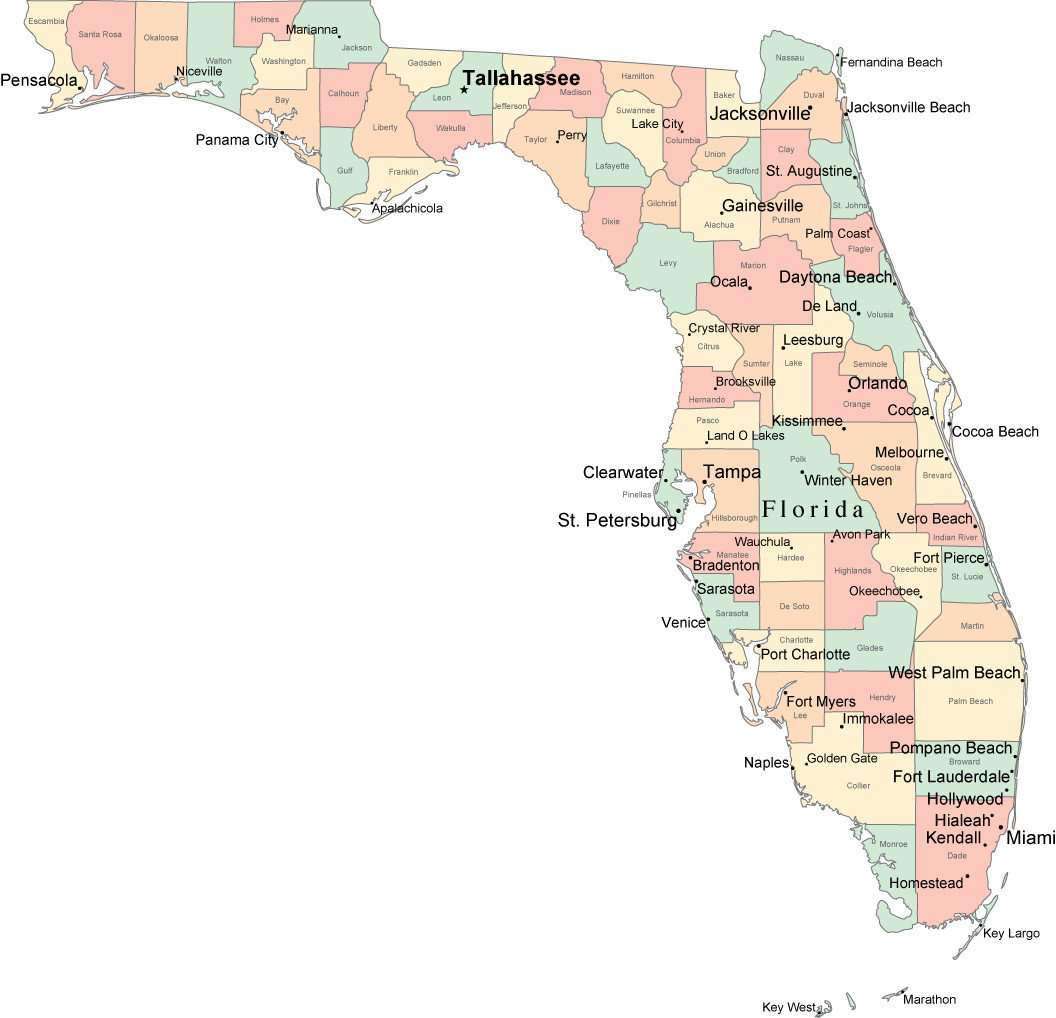 florida county map with major cities Multi Color Florida Map With Counties Capitals And Major Cities florida county map with major cities