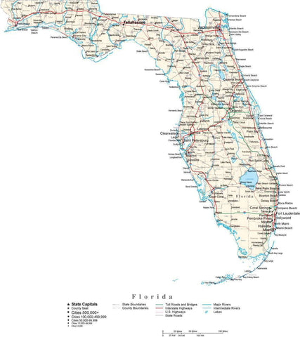 Florida with Capital, Counties, Cities, Roads, Rivers & Lakes