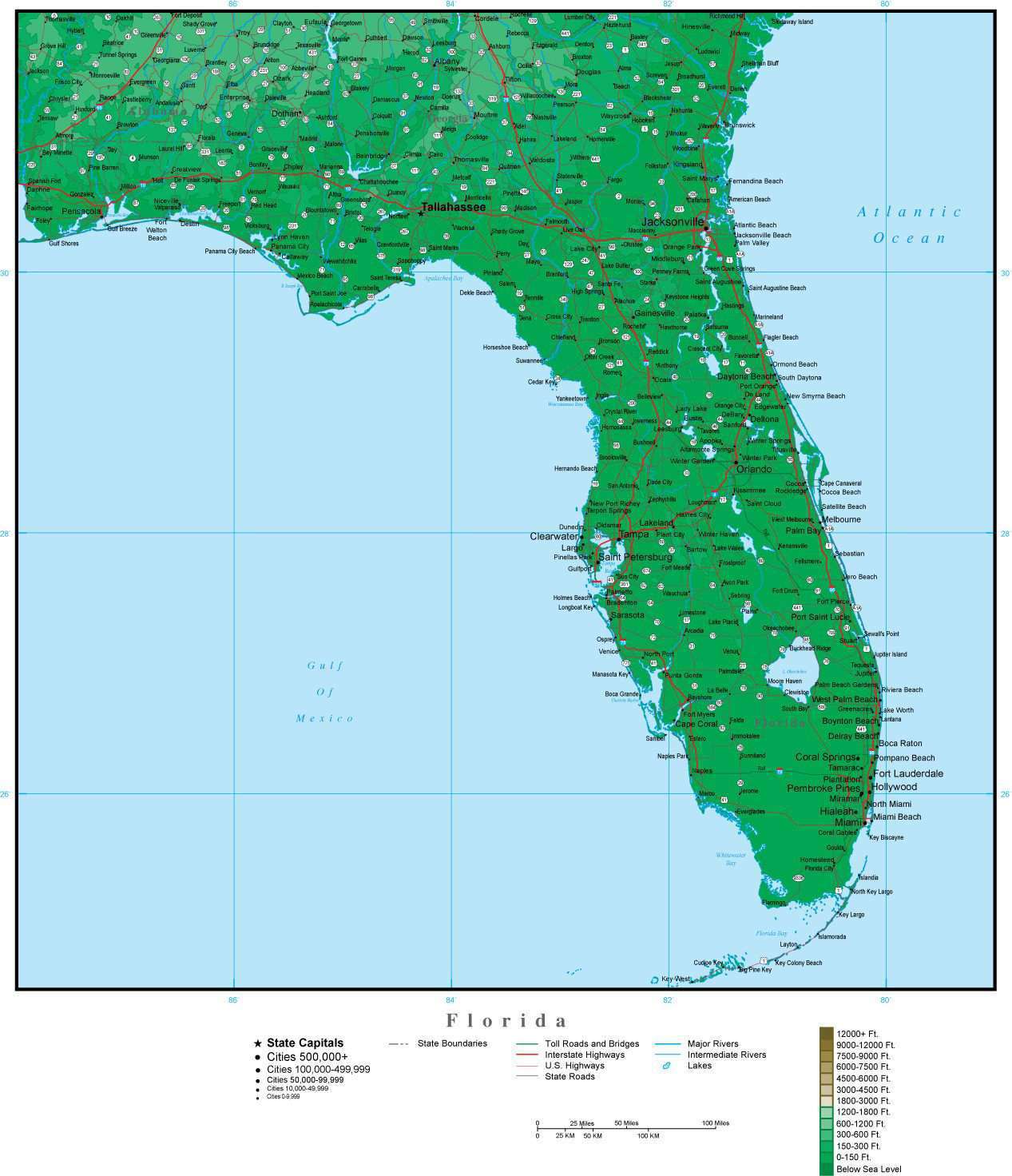 Digital Florida Contour Map In Adobe Illustrator Vector Format Fl Usa