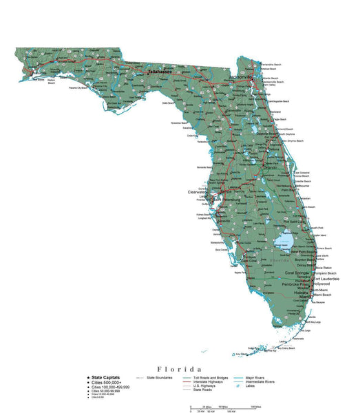 Florida Illustrator Vector Map with Cities, Roads and Photoshop Terrain ...