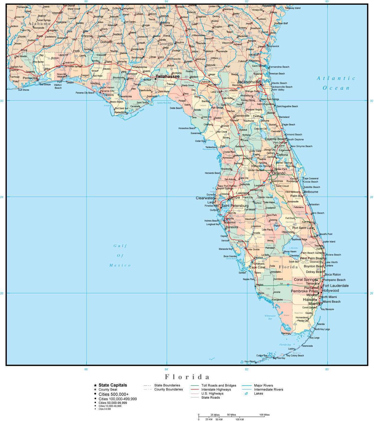 Florida Adobe Illustrator Map with Counties, Cities, County Seats
