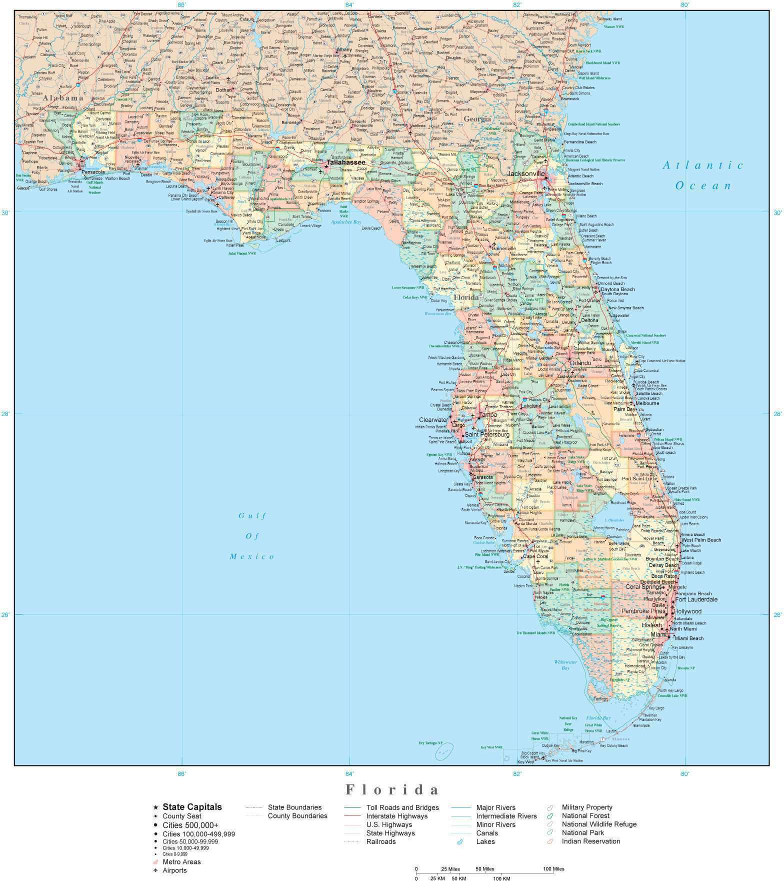 Florida State Map in Adobe Illustrator Vector Format. Detailed