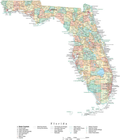 State Map of Florida in Adobe Illustrator vector format. Detailed ...