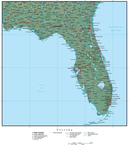 Florida State Map Plus Terrain with Cities & Roads