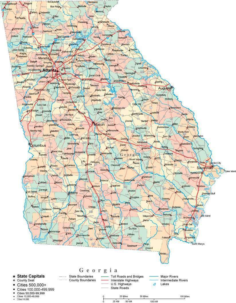 Georgia Digital Vector Map With Counties Major Cities Roads Rivers Lakes