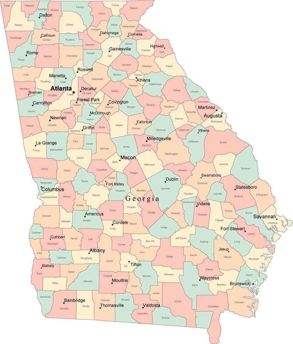Georgia Map Showing Counties And Cities - United States Map