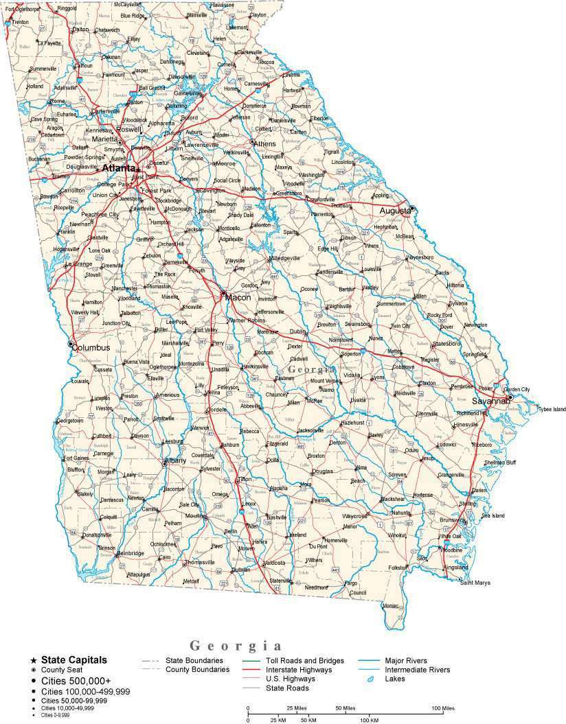 Georgia With Capital Counties Cities Roads Rivers Lakes