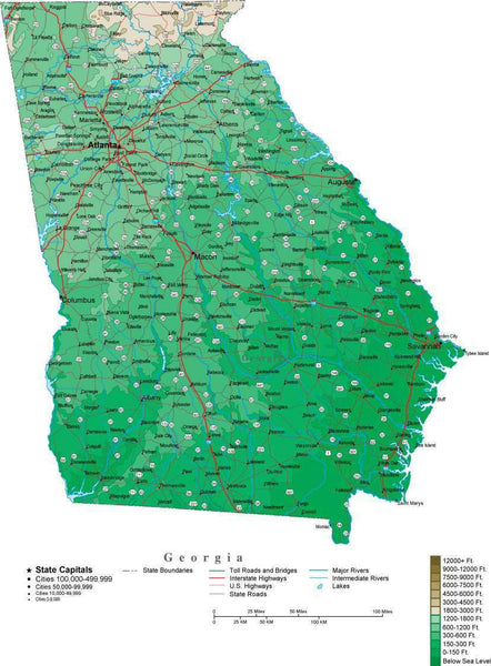 Georgia Contour Map in Adobe Illustrator Digital Vector Format