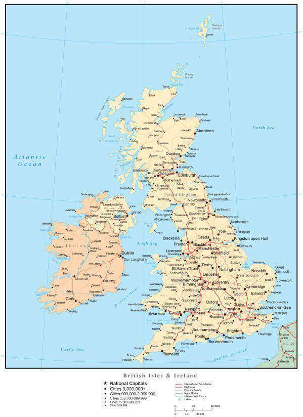 United Kingdom Map with Countries, Cities, and Roads