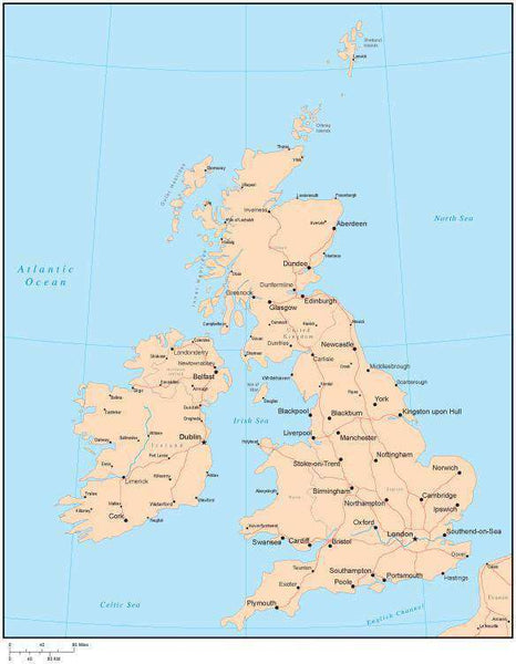 Single Color United Kingdom Map with Countries, Capitals, Major Cities