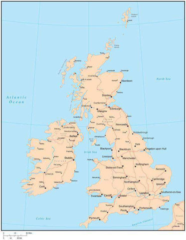 Single Color United Kingdom Map with Countries, Capitals, Major Cities