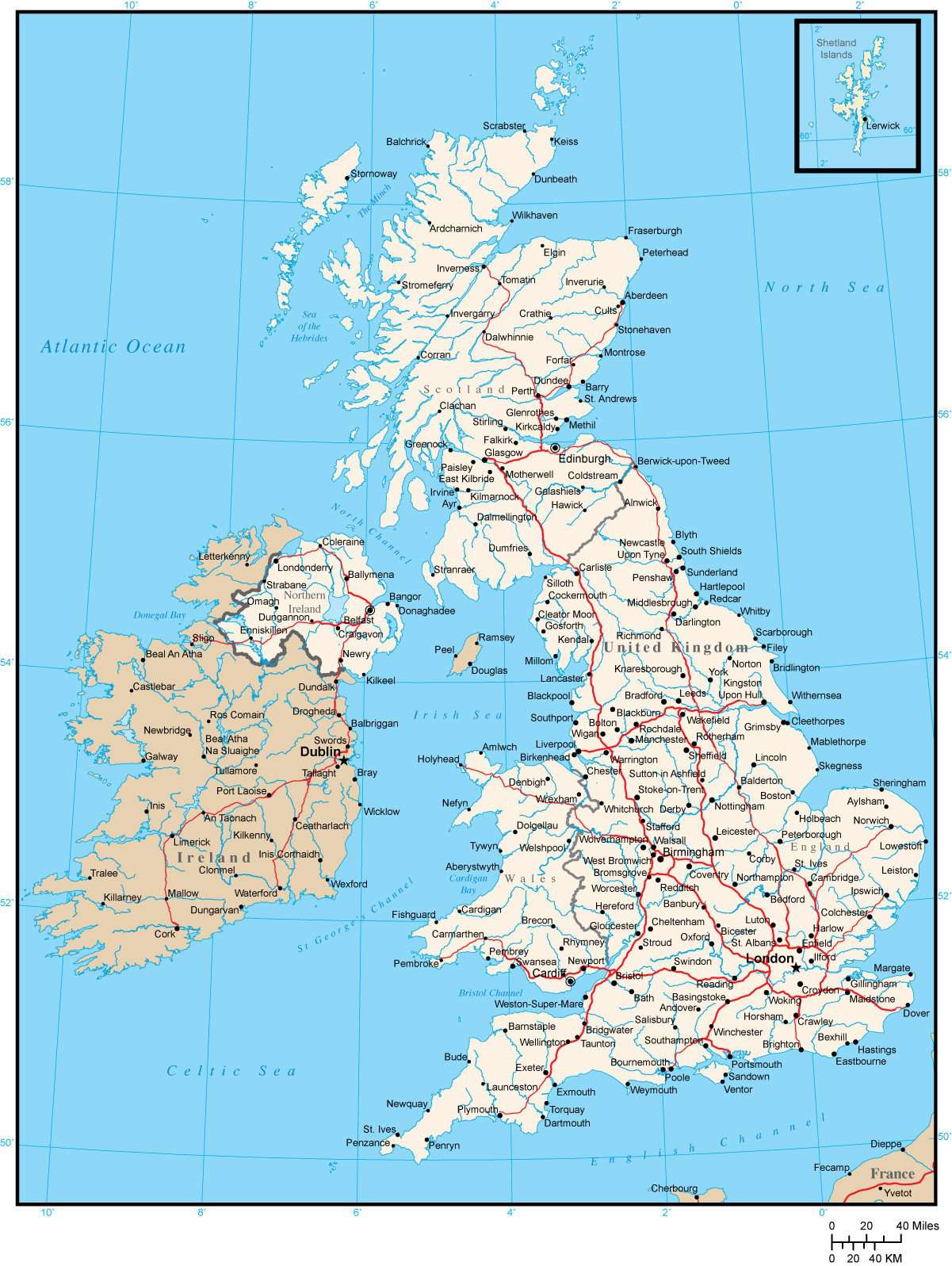 British Islands Map with Major Roads and Cities in Adobe Illustrator