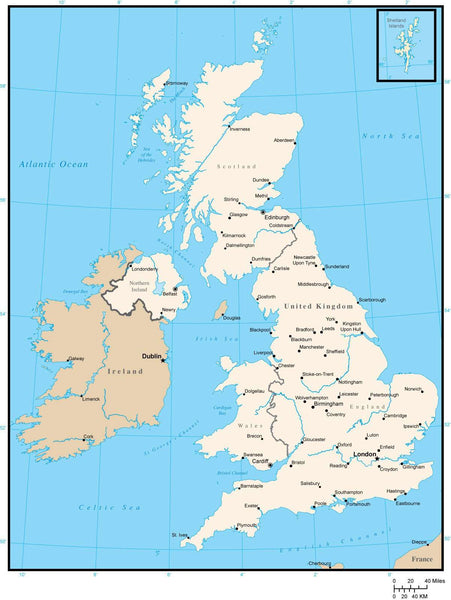 British Islands Map with Cities in Adobe Illustrator Format