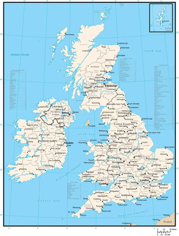 United Kingdom and Ireland Map with Counties in Adobe Illustrator Format