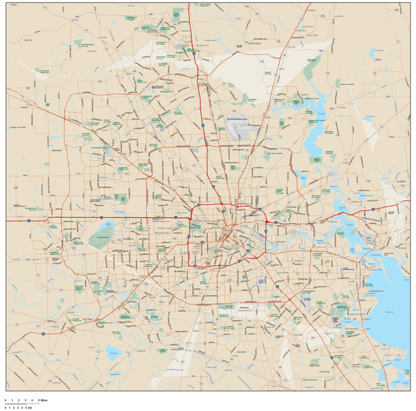 Houston, TX Map with Major Roads in Adobe Illustrator vector format