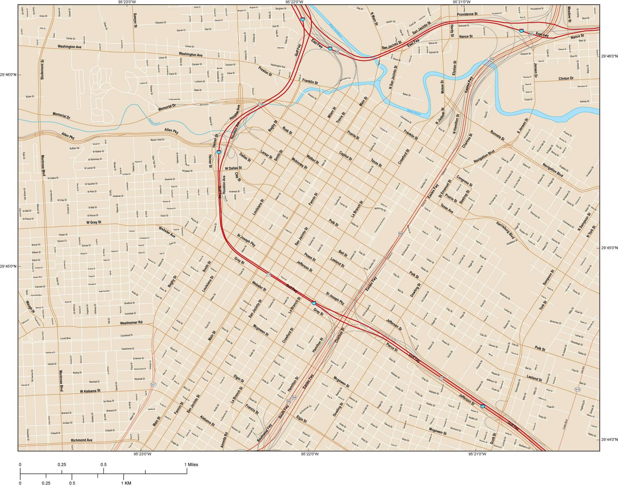 Houston Tx Map City Center 9 Square Miles With All Local Streets