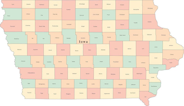 Multi Color Iowa Map with Counties and County Names