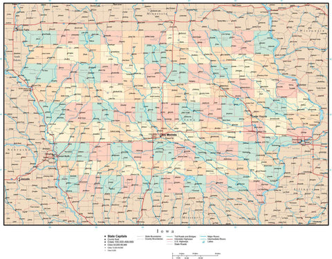 Iowa Adobe Illustrator Map with Counties, Cities, Major Roads – Map ...