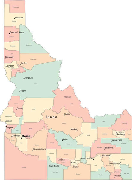 Multi Color Idaho Map with Counties, Capitals, and Major Cities – Map ...