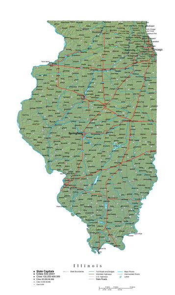 Illinois Illustrator Vector Map with Cities, Roads and Photoshop ...