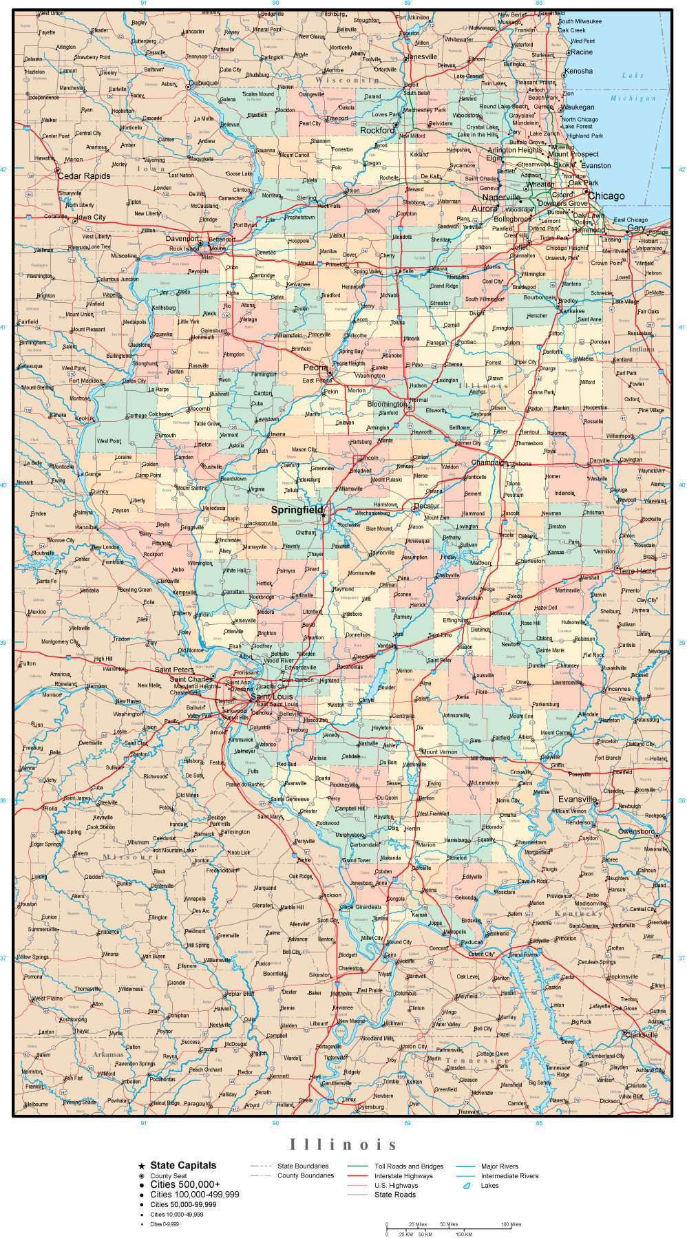Illinois Map With Counties And Cities Illinois Adobe Illustrator Map with Counties, Cities, County Seats 