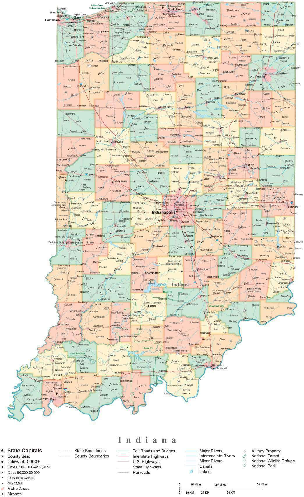 State Map of Indiana in Adobe Illustrator vector format. Detailed