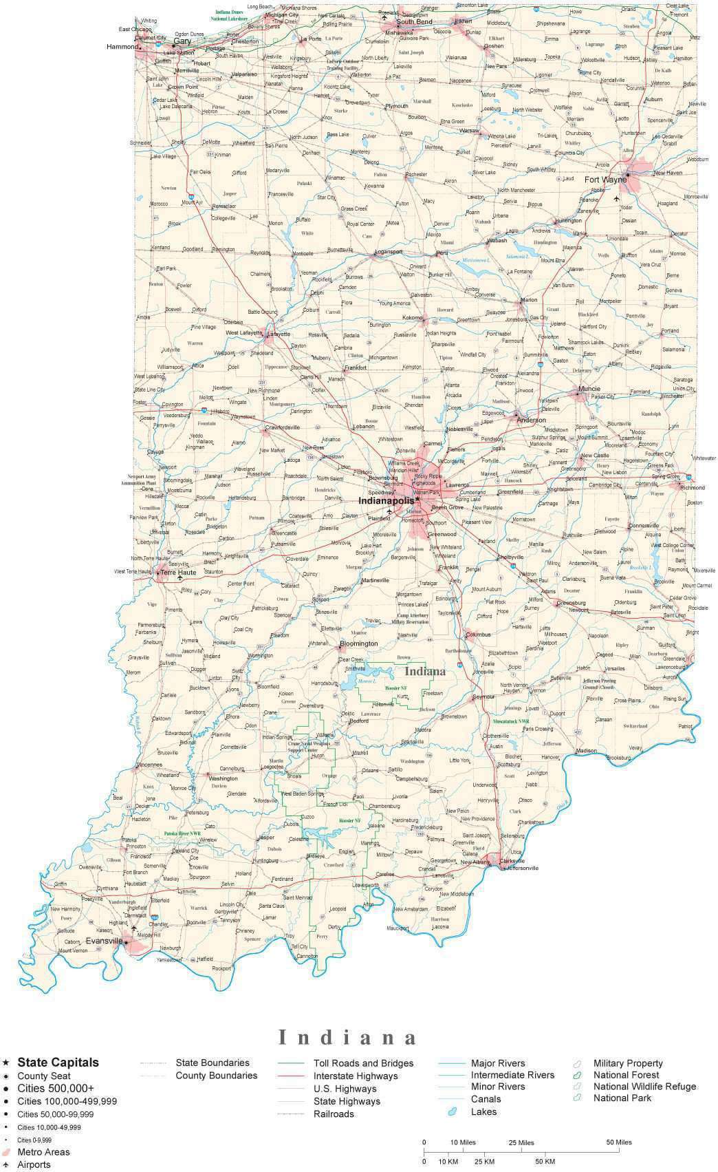Detailed Indiana Cut Out Style Digital Map With County Boundaries Cities Highways National Parks And More