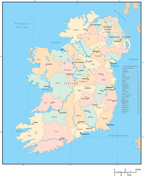 Ireland Map with County Areas and Capitals in Adobe Illustrator Format