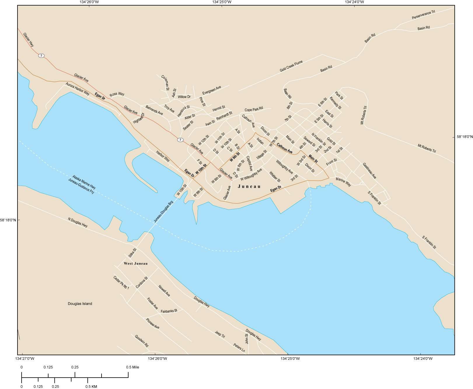 Juneau Ak Map 4 Square Miles With Local Streets