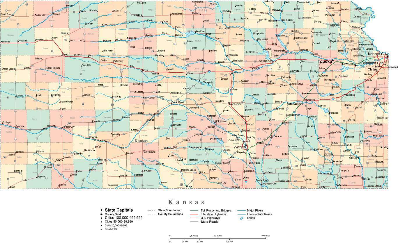 Kansas Map With Counties And Cities Kansas Digital Vector Map with Counties, Major Cities, Roads 