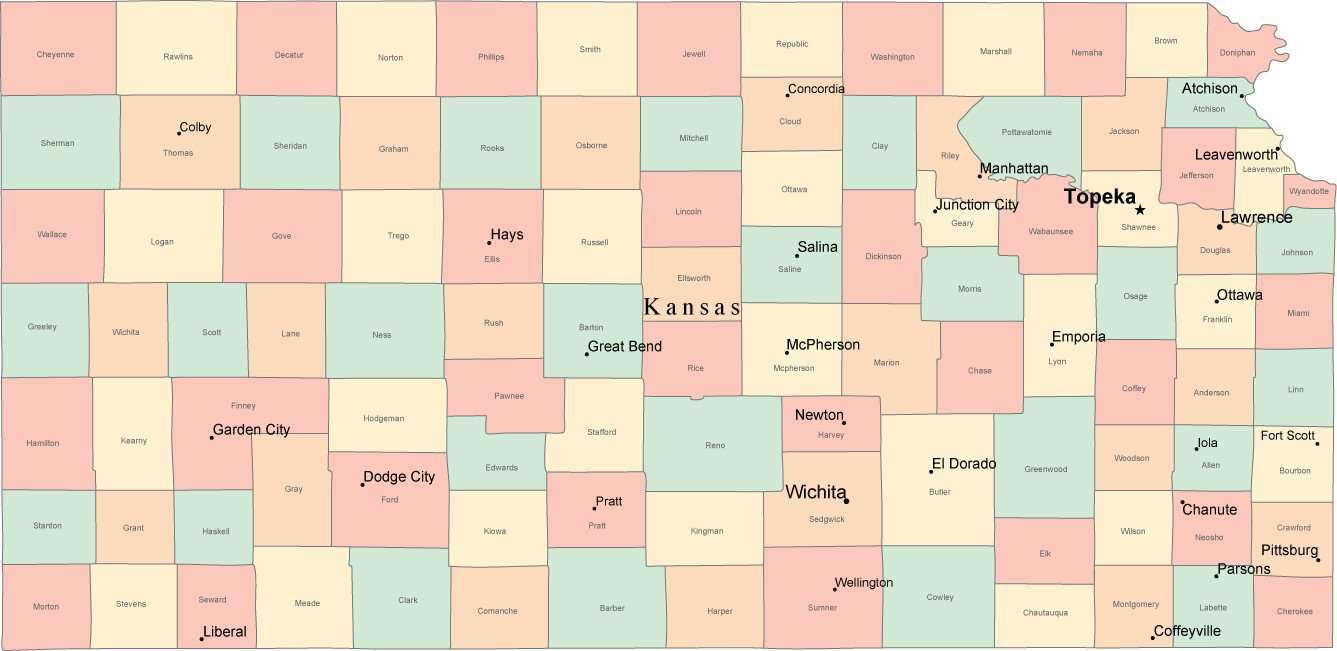 Kansas State Map With Counties And Cities 