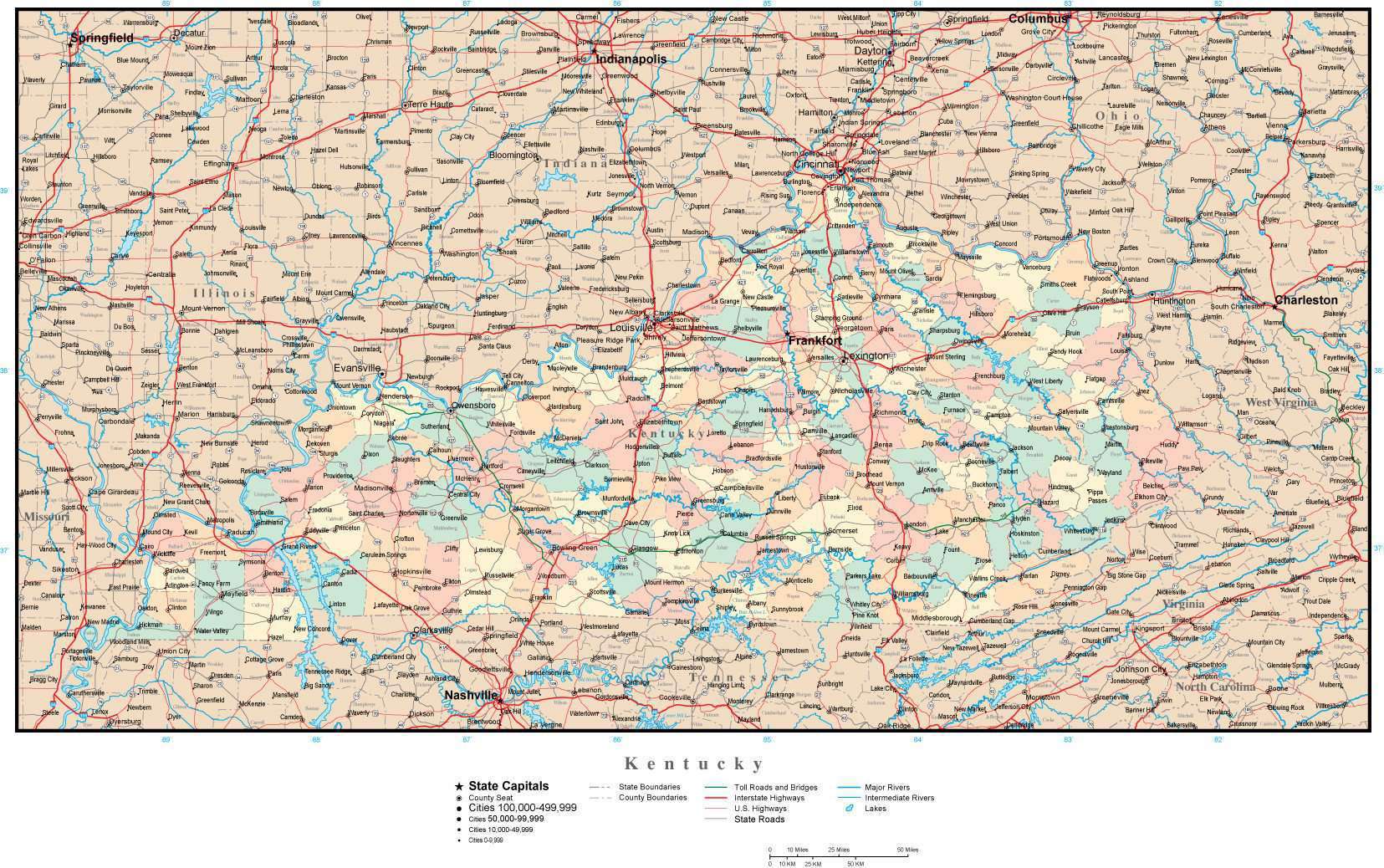 Kentucky Adobe Illustrator Map With Counties Cities County Seats Major Roads 3589