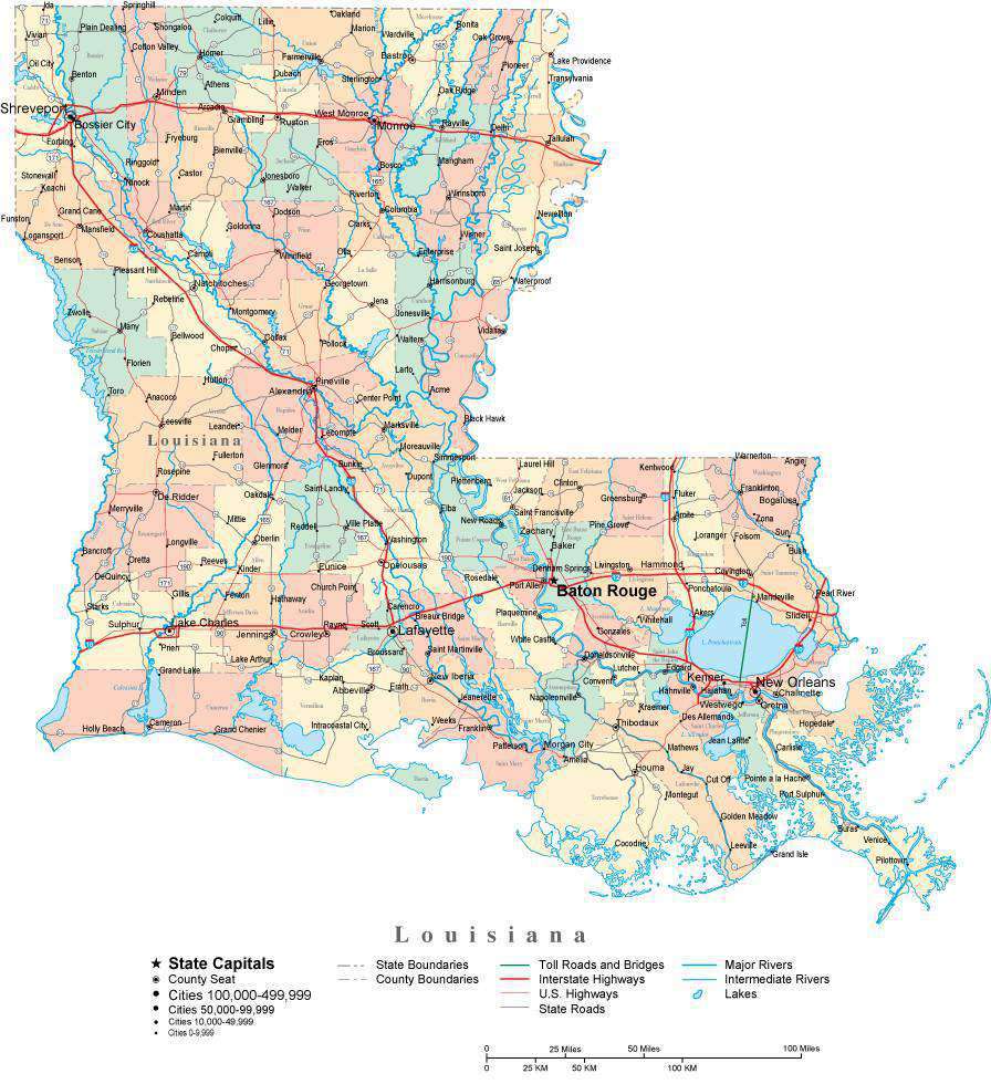 Louisiana Digital Vector Map with Counties, Major Cities, Roads, Rivers & Lakes