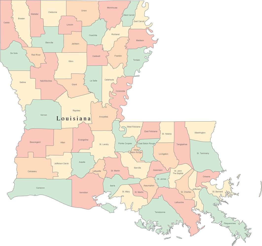 Multi Color Louisiana Map With Counties And County Names 0949