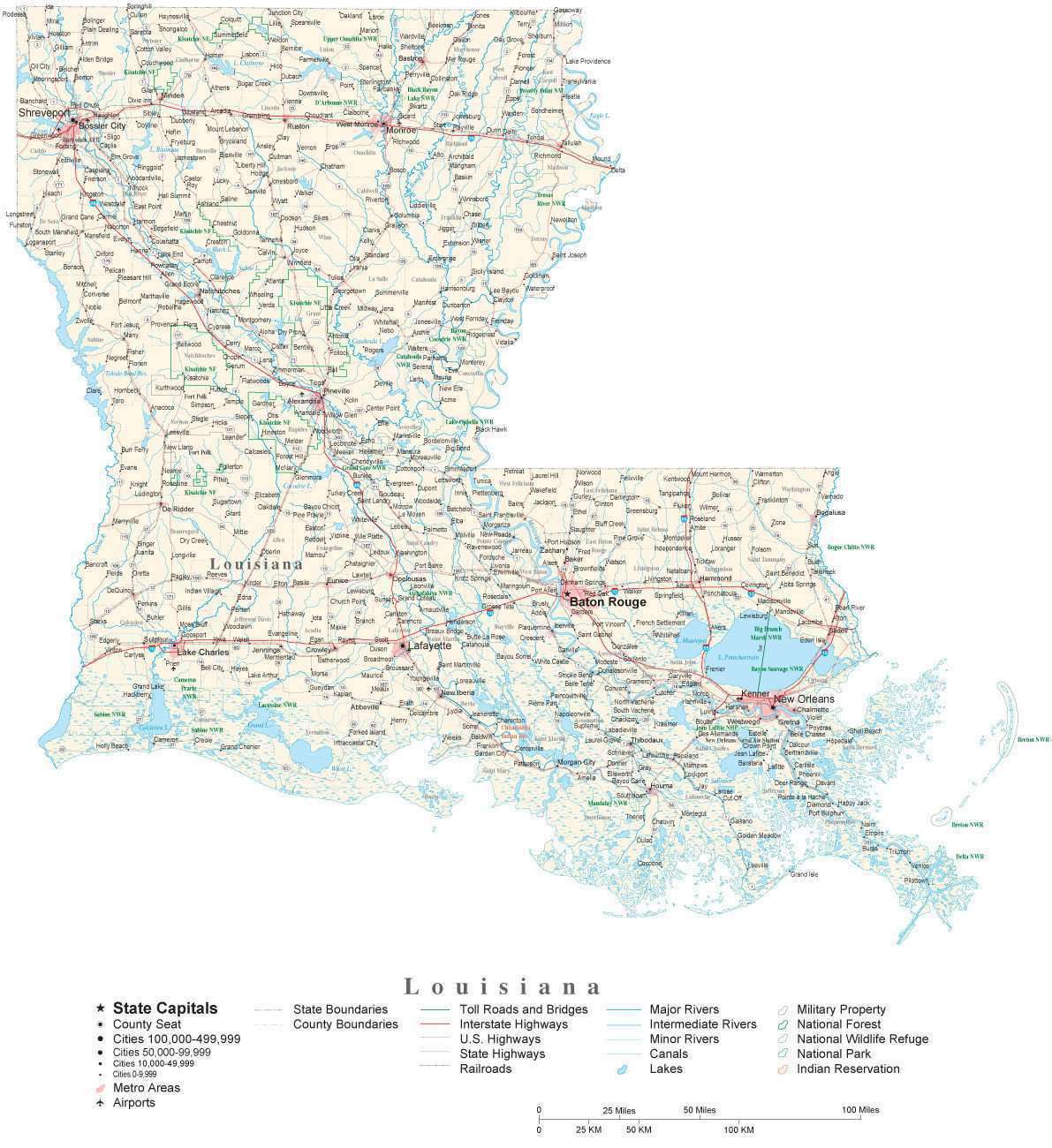 Louisiana Detailed Cut-Out Style State Map in Adobe Illustrator Vector Format. Detailed ...