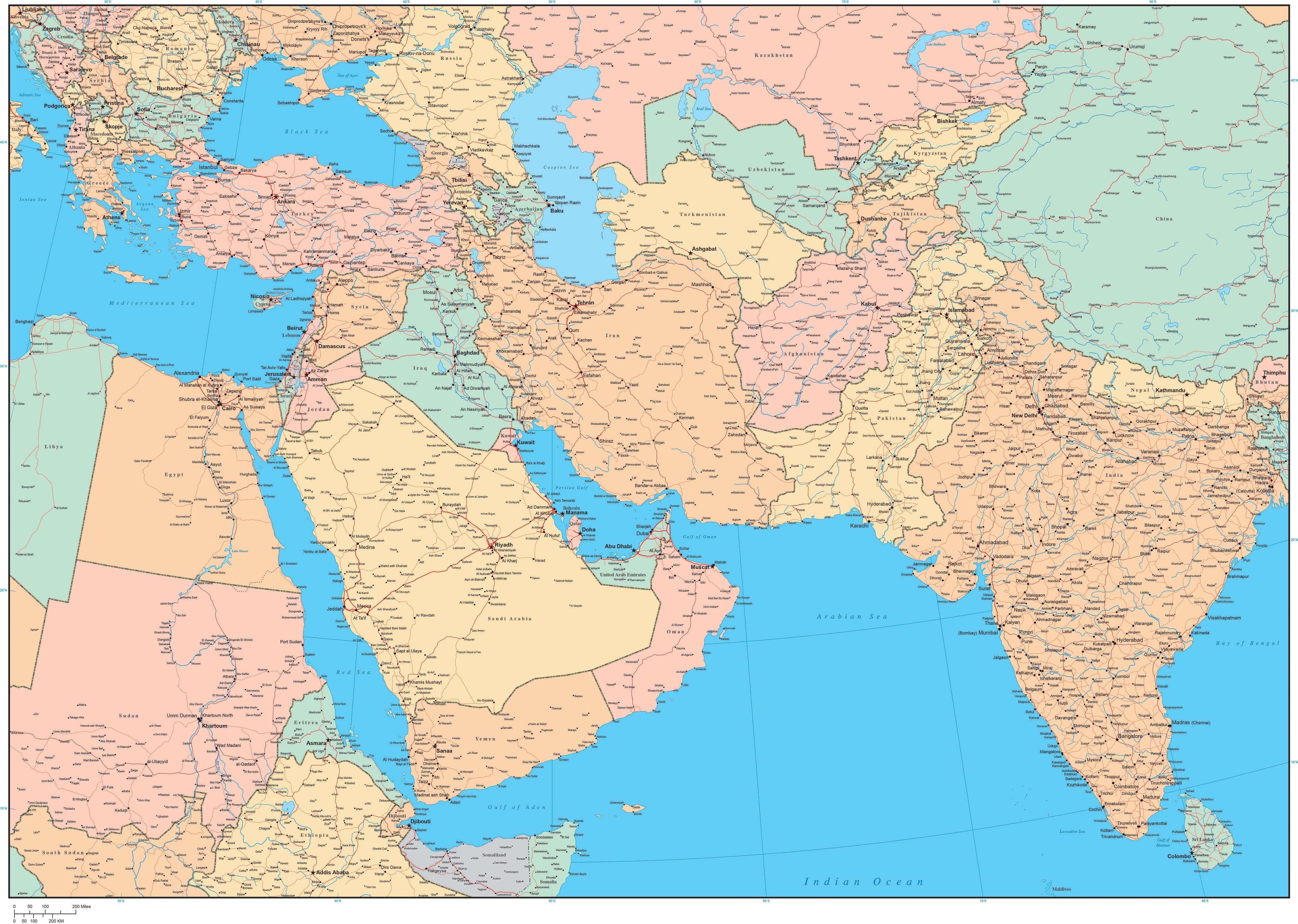 detailed map of middle east