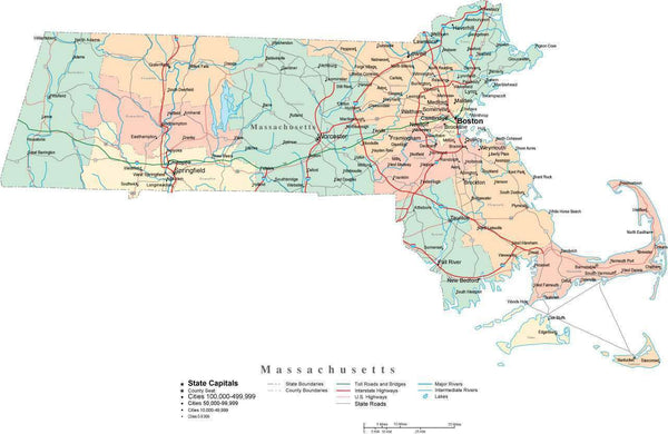 Massachusetts Digital Vector Map with Counties, Major Cities, Roads ...