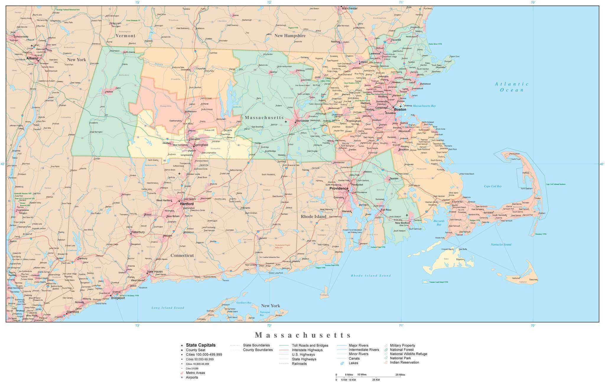 Massachusetts State Map in Adobe Illustrator Vector Format. Detailed