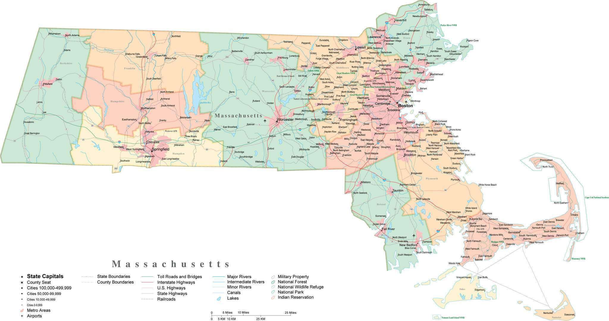 State Map of Massachusetts in Adobe Illustrator vector format. Detailed ...