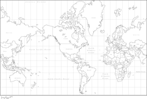 World Black & White Map with Countries - America Centered