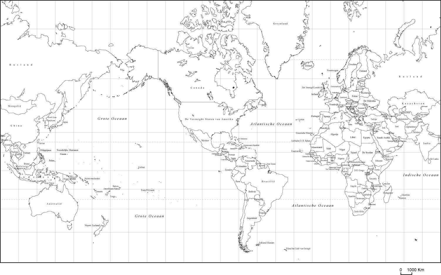 Black And White World Map With Countries Black & White World Map with Names in Dutch   Adobe Illustrator format