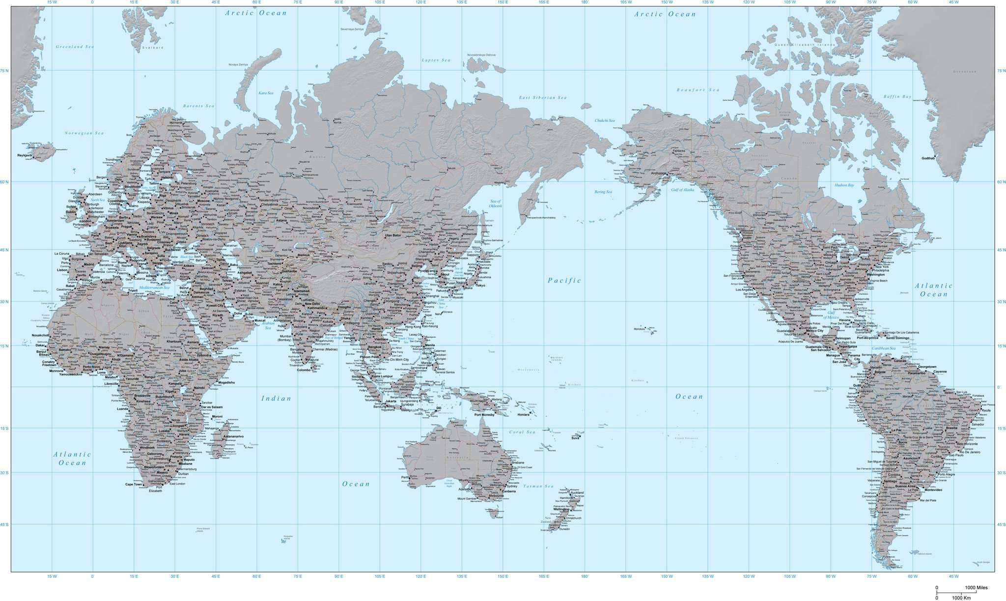 Digital World Terrain map in Adobe Illustrator format, Asia Centered