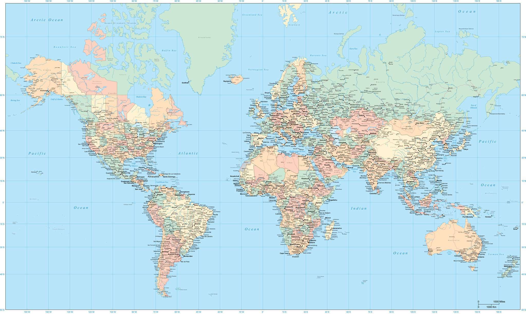 World Map With Polar Views In Adobe Illustrator Vector Format