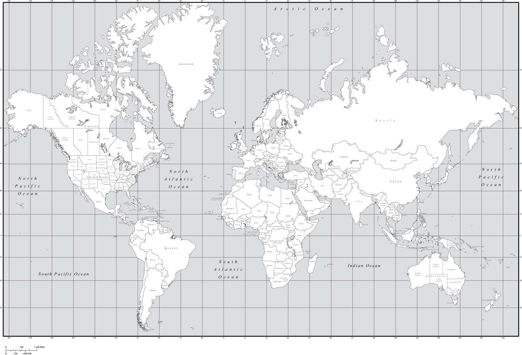 Black & White World Map with Countries US States and Canadian Province