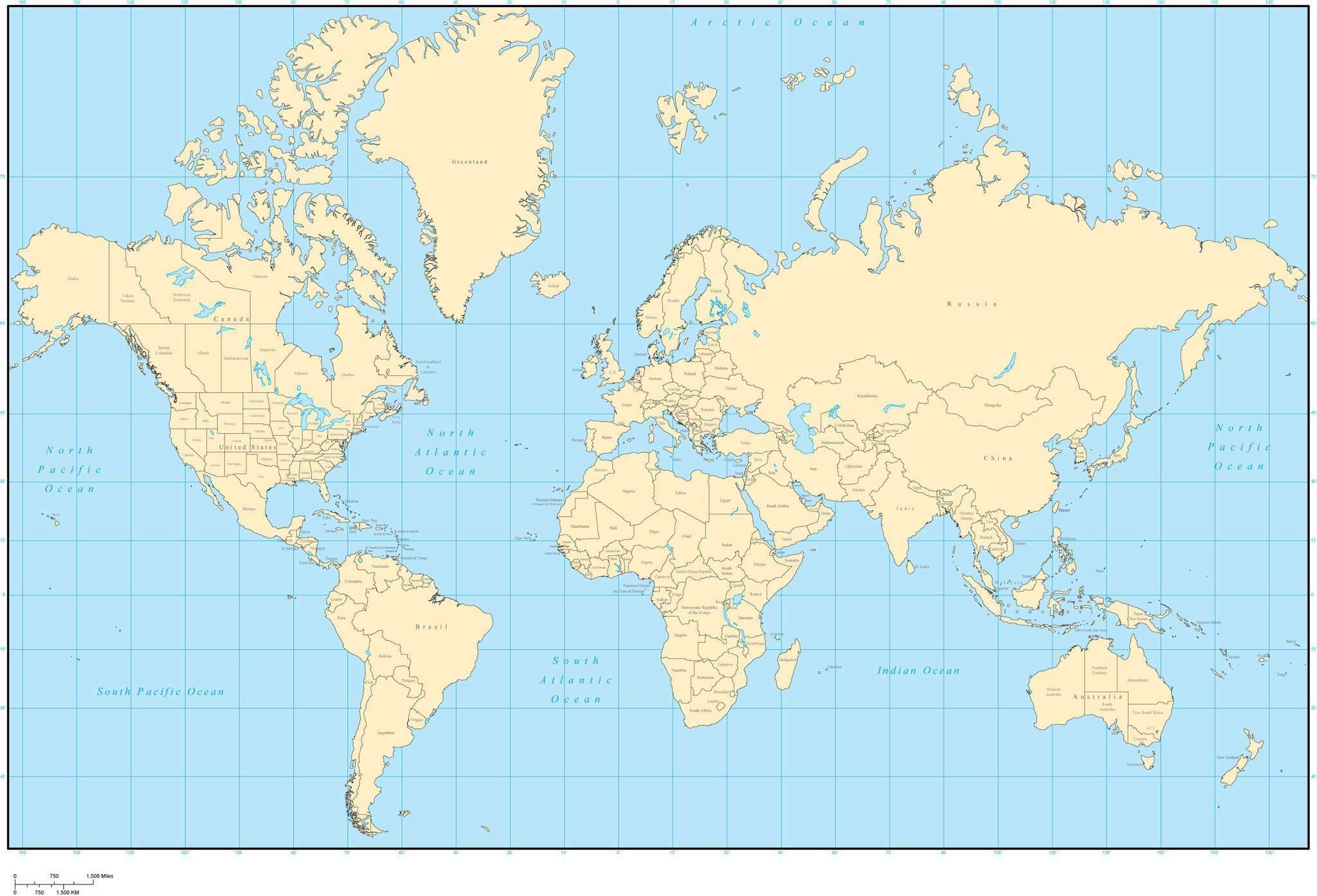 Single Color World Map With Countries Us States And Canadian Provinces