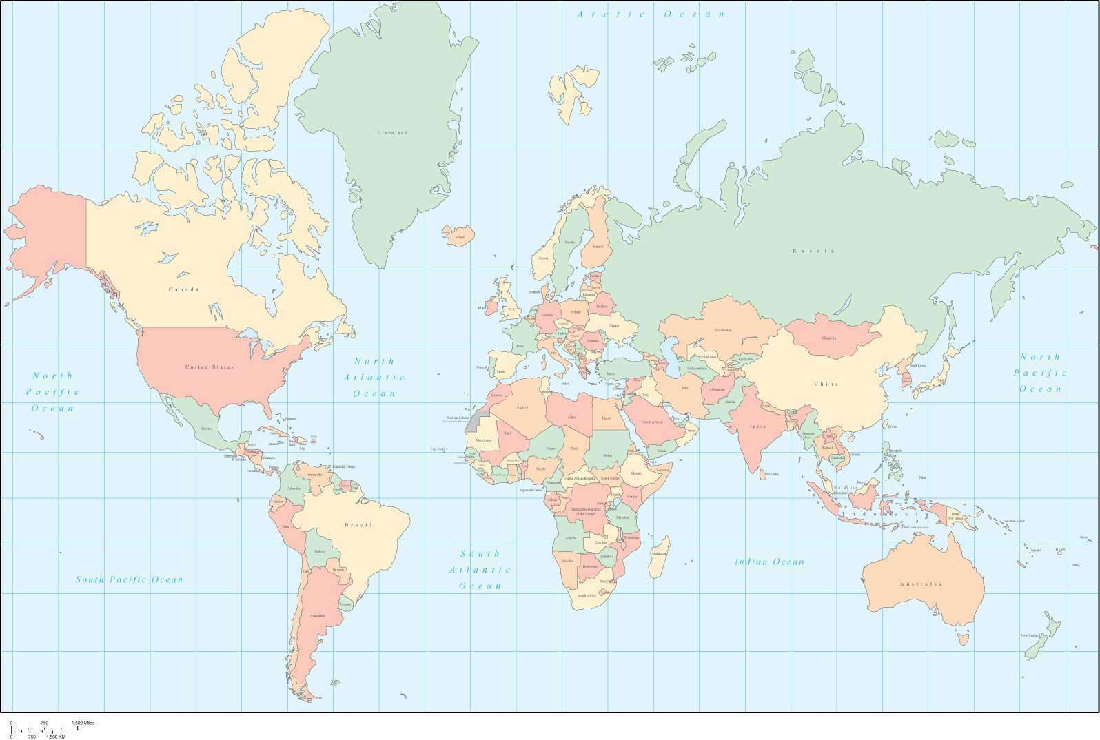 World Map - Multi Color with Countries in the Mercator Projection